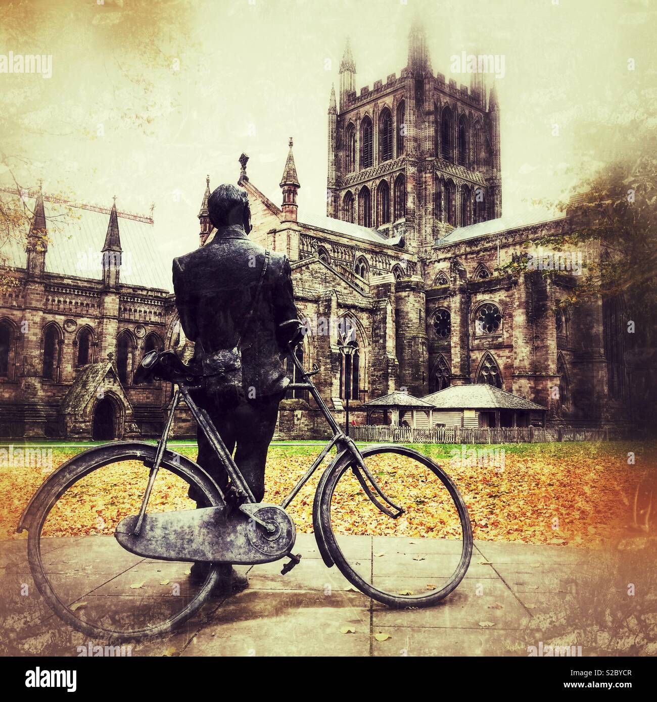 Hereford UK statue of Edward Elgar in front of Hereford Cathedral in Autumn - Smartphone Captured Stock Image