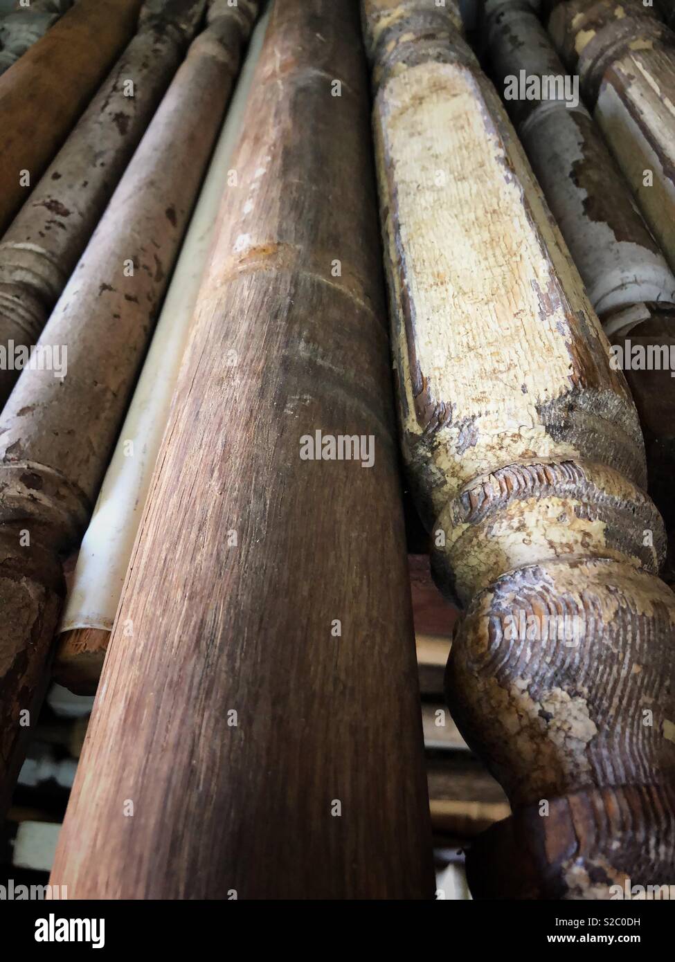Antique wooden spindles found at Ohmega Salvage in Berkeley, California. Stock Photo