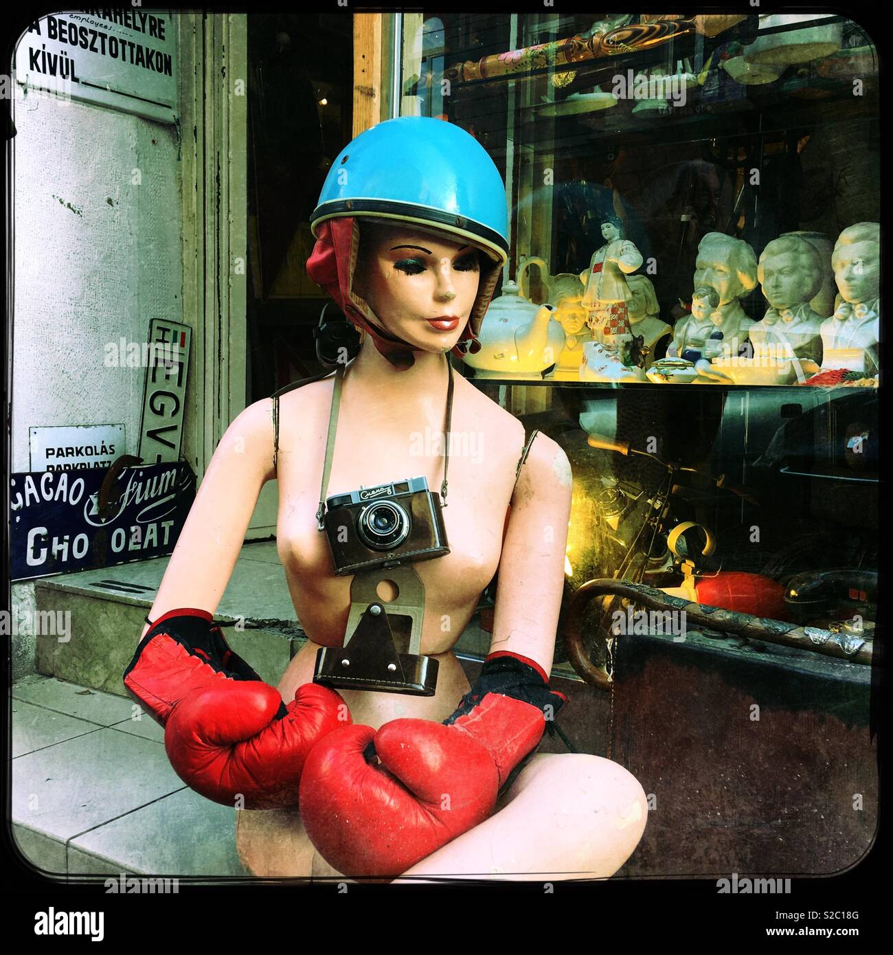 A Mannakin outside the Nostalgia Bazaar antique gift shop, Budapest, Hungary. - Smartphone Captured Stock Image