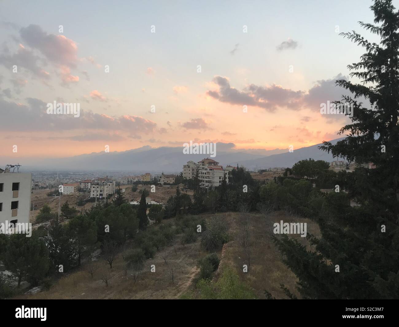 Sunset in the Beqaa Valley, Lebanon looking towards Beirut. Stock Photo