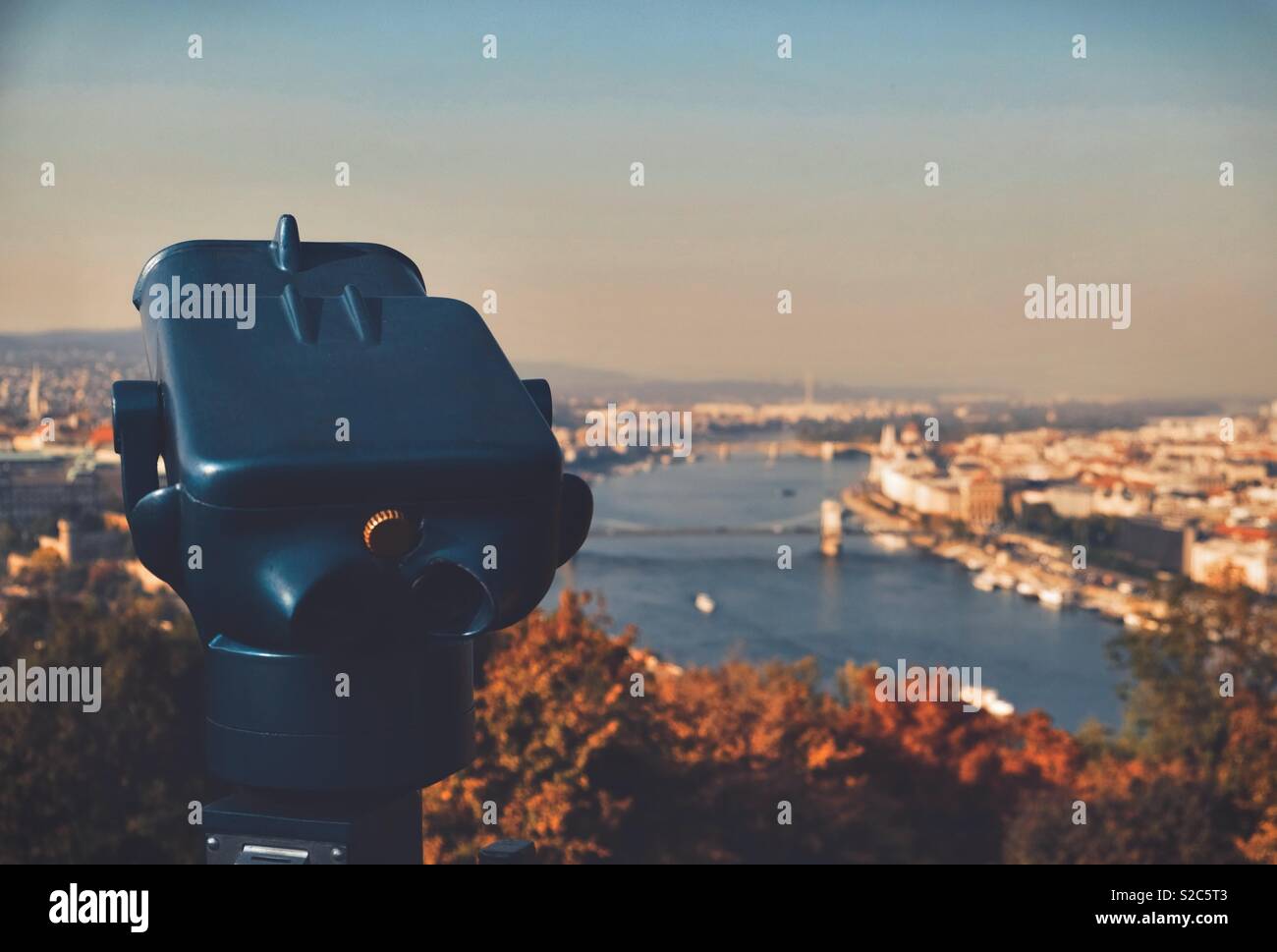 Viewing binoculars looking out across the river Danube in Budapest Stock Photo