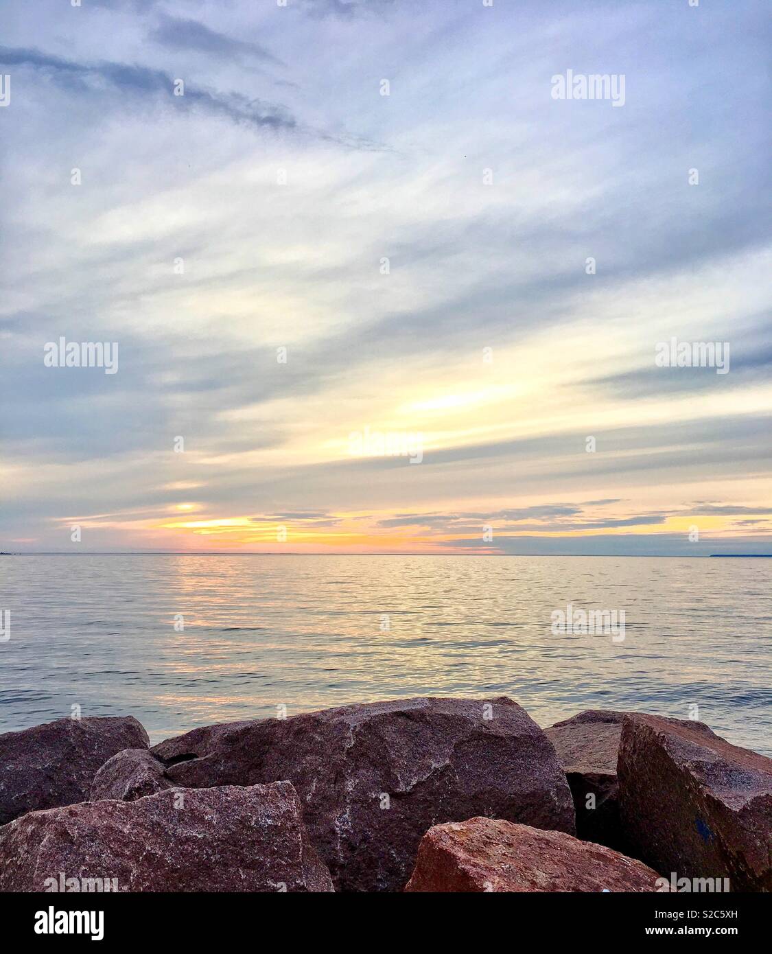 Rocky Lake Michigan shoreline in Egg Harbor, Door County WI USA - Smartphone Captured Stock Image