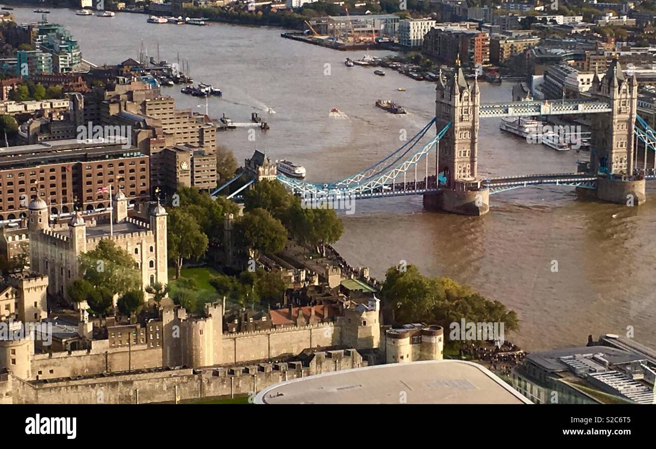 View of the Tower of London and Tower Bridge, London from The Sky Garden - Smartphone Captured Stock Image