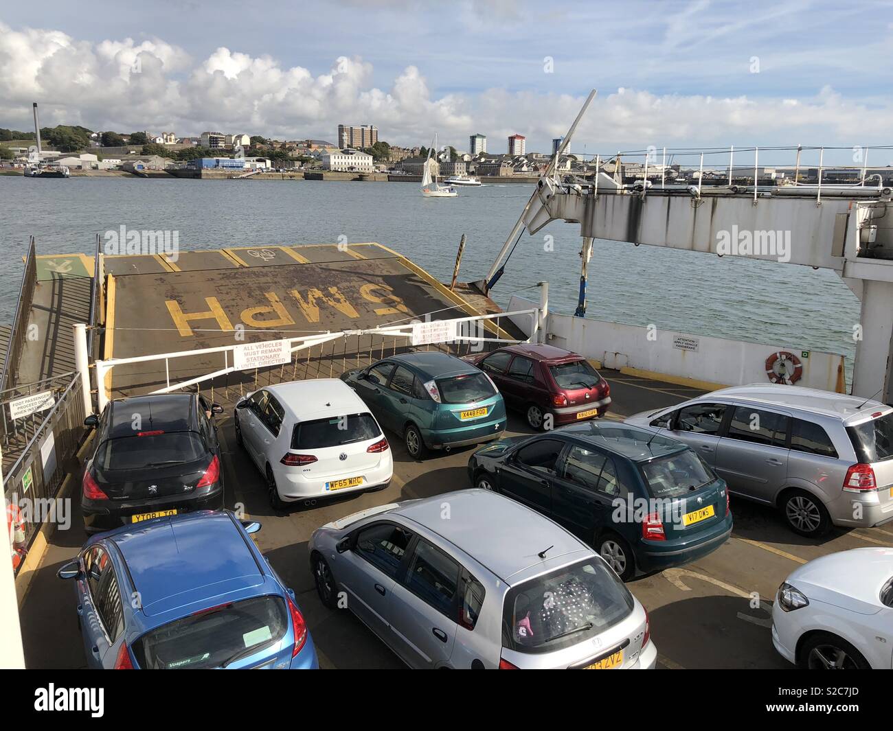 Cars crossing on the Tamar Ferry, Plymouth to Torpoint Stock Photo
