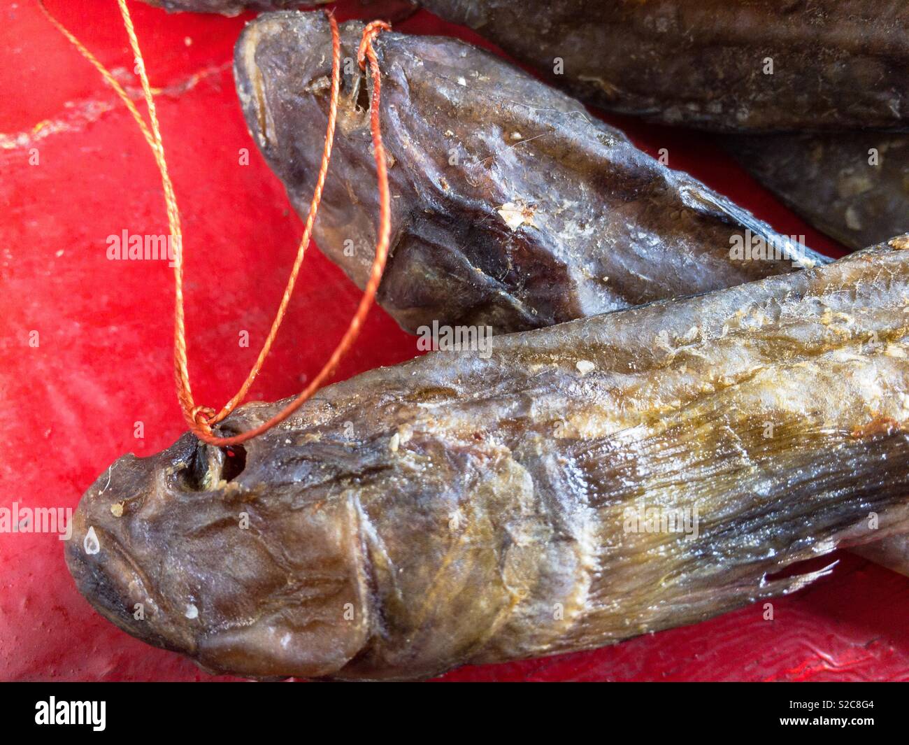 Dry fish on a red table, local food, Ukraine - Smartphone Captured Stock Image