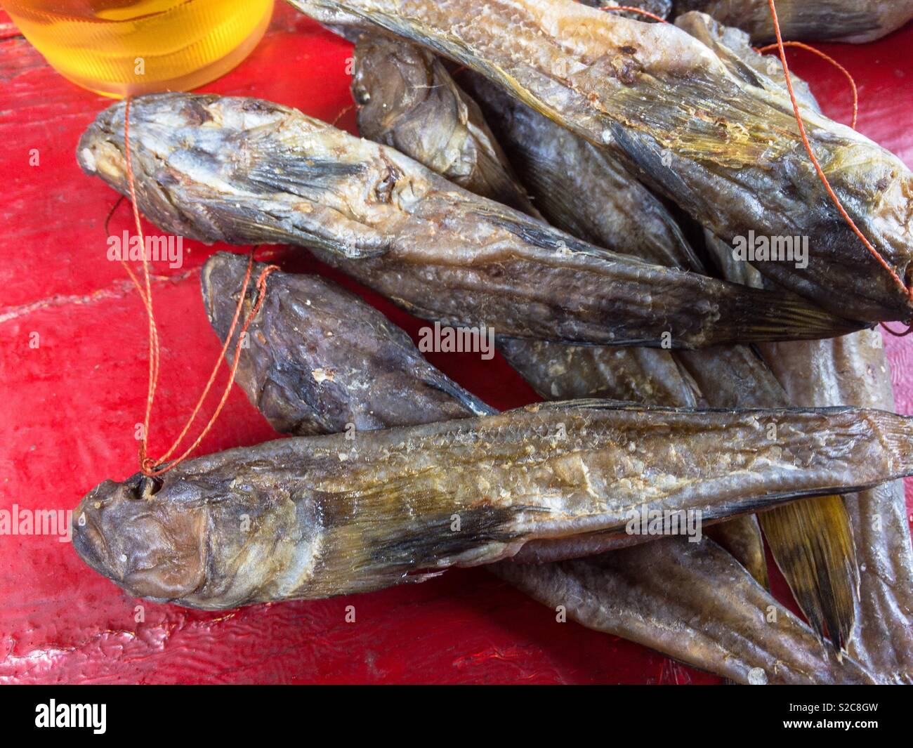 Dry fish and a beer on a red table, Ukraine - Smartphone Captured Stock Image