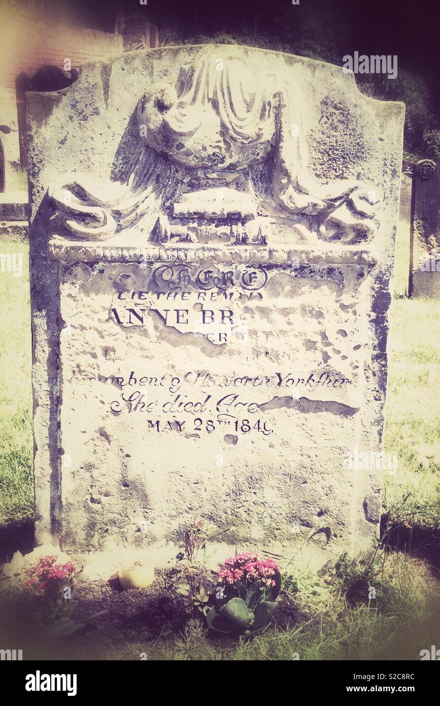 Filtered effect of Anne Bronte’s grave at St Mary’s Church, Scarborough, Yorkshire, England, UK. One of the Three Famous Historical English Authors from Haworth in Yorkshire. Died 28th May 1849 age 29 Stock Photo