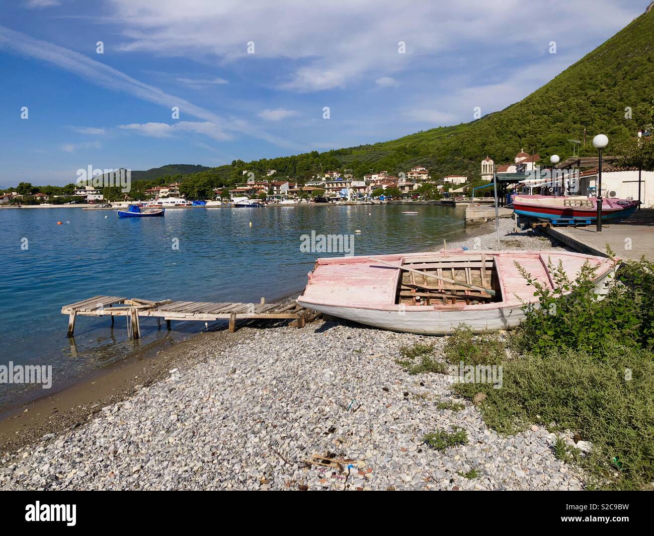 View of a fishing village on Evia island in Greece - Smartphone Captured Stock Image