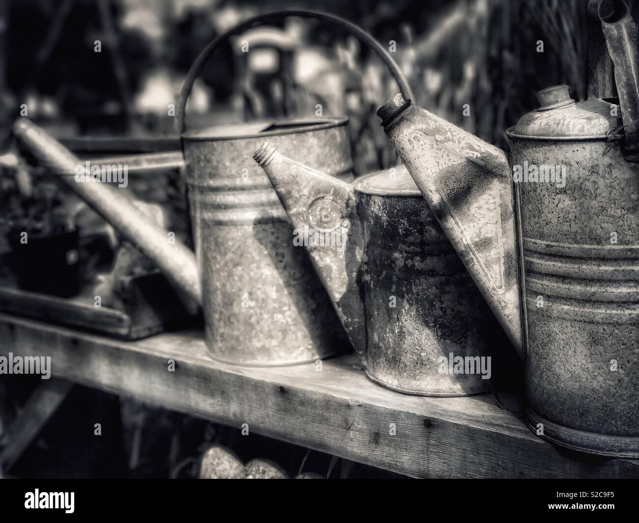 Old watering cans lined up on wooden bench - Smartphone Captured Stock Image