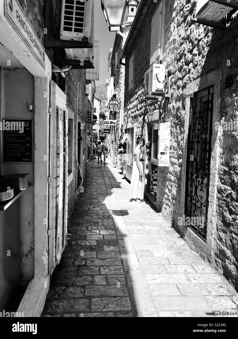 Narrow street in Montenegro black and white Stock Photo
