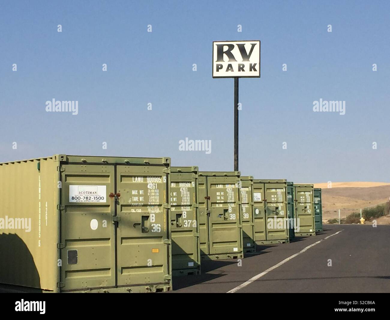 RV Park in Pendleton Oregon filled with shipping containers! Stock Photo