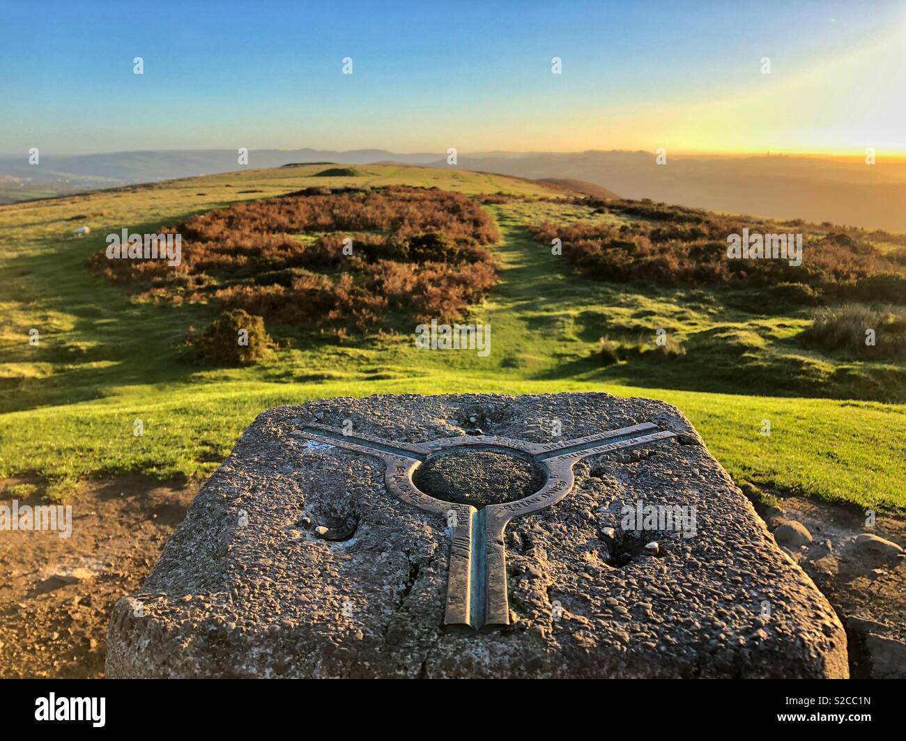 Trigonometric point on the top of the Garth mountain, Cardiff, South Wales, early morning, October. - Smartphone Captured Stock Image