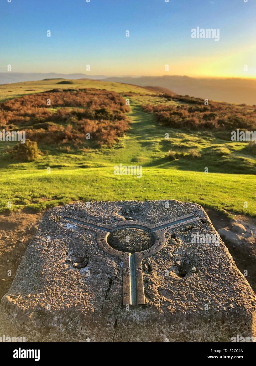 Trigonometric Point on the Garth mountain, early morning, October looking east. - Smartphone Captured Stock Image