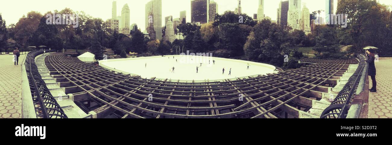 Panoramic photograph of the Trump ice rink or Woolman rink, Central Park, New York City, United States of America. - Smartphone Captured Stock Image