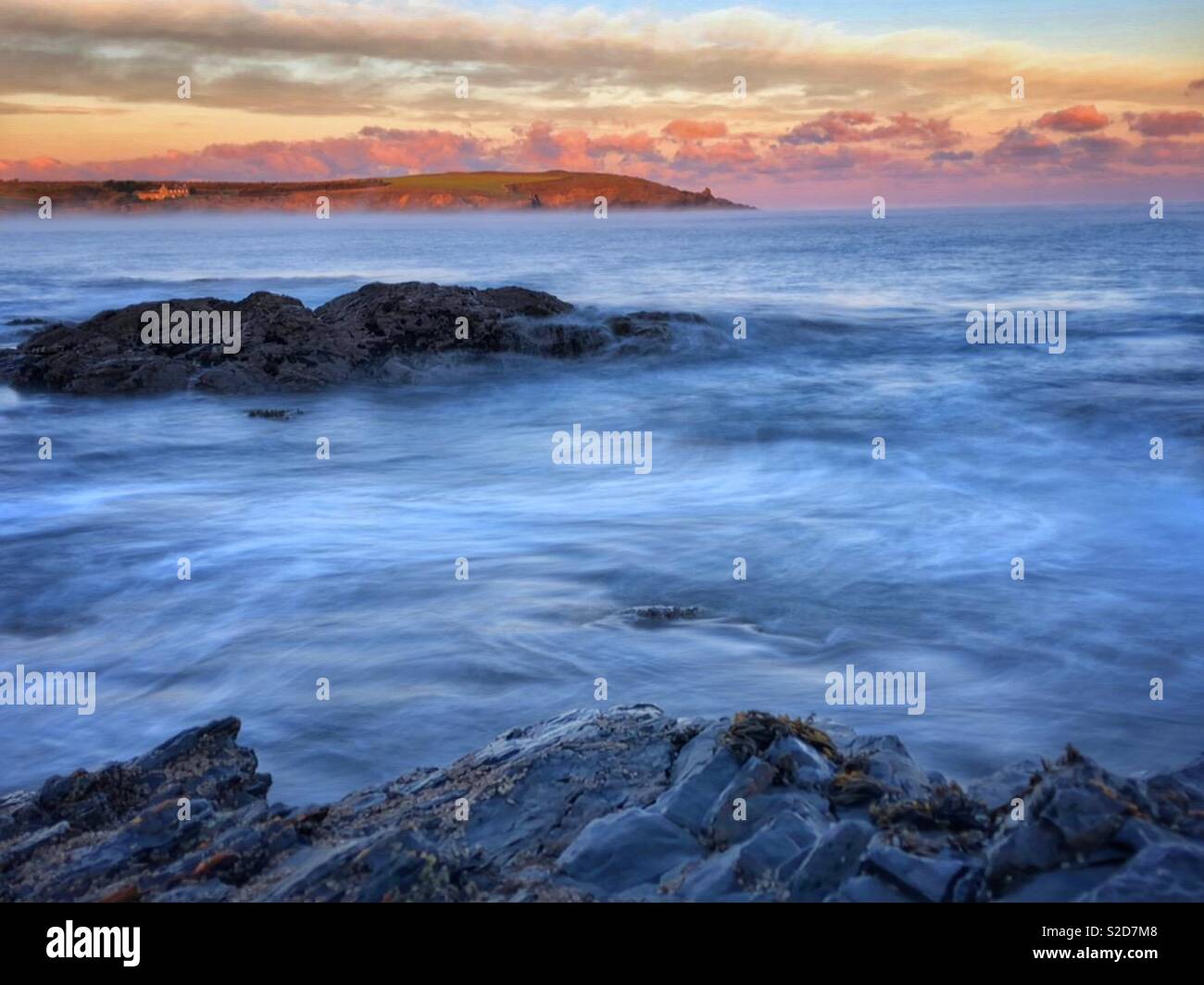 Early morning sea mist over the Atlantic Ocean, Harlyn Bay, North Cornwall, England. - Smartphone Captured Stock Image