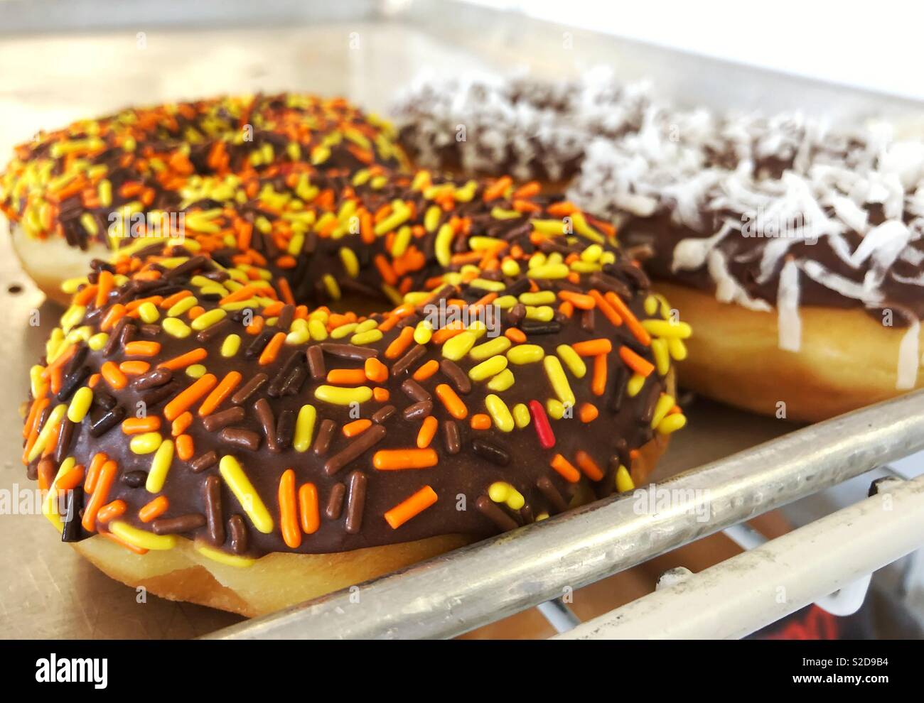 Halloween sprinkles and shaved coconut on doughnuts at a bakery in Bayou La Batre, Alabama (Photo by Carmen K. Sisson/Cloudybright) Stock Photo