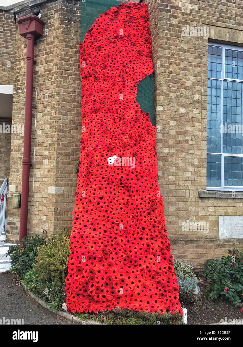 A display of knitted poppies outside Milton Methodist Church in Weston-super-Mare, UK marks the centenary of the end of World War I - Smartphone Captured Stock Image