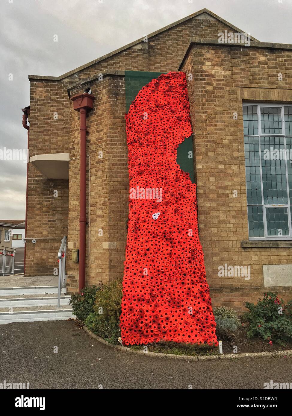 A cascade of poppies marks the centenary of the end of World War I at Milton Methodist Church in Weston-super-Mare, UK Stock Photo