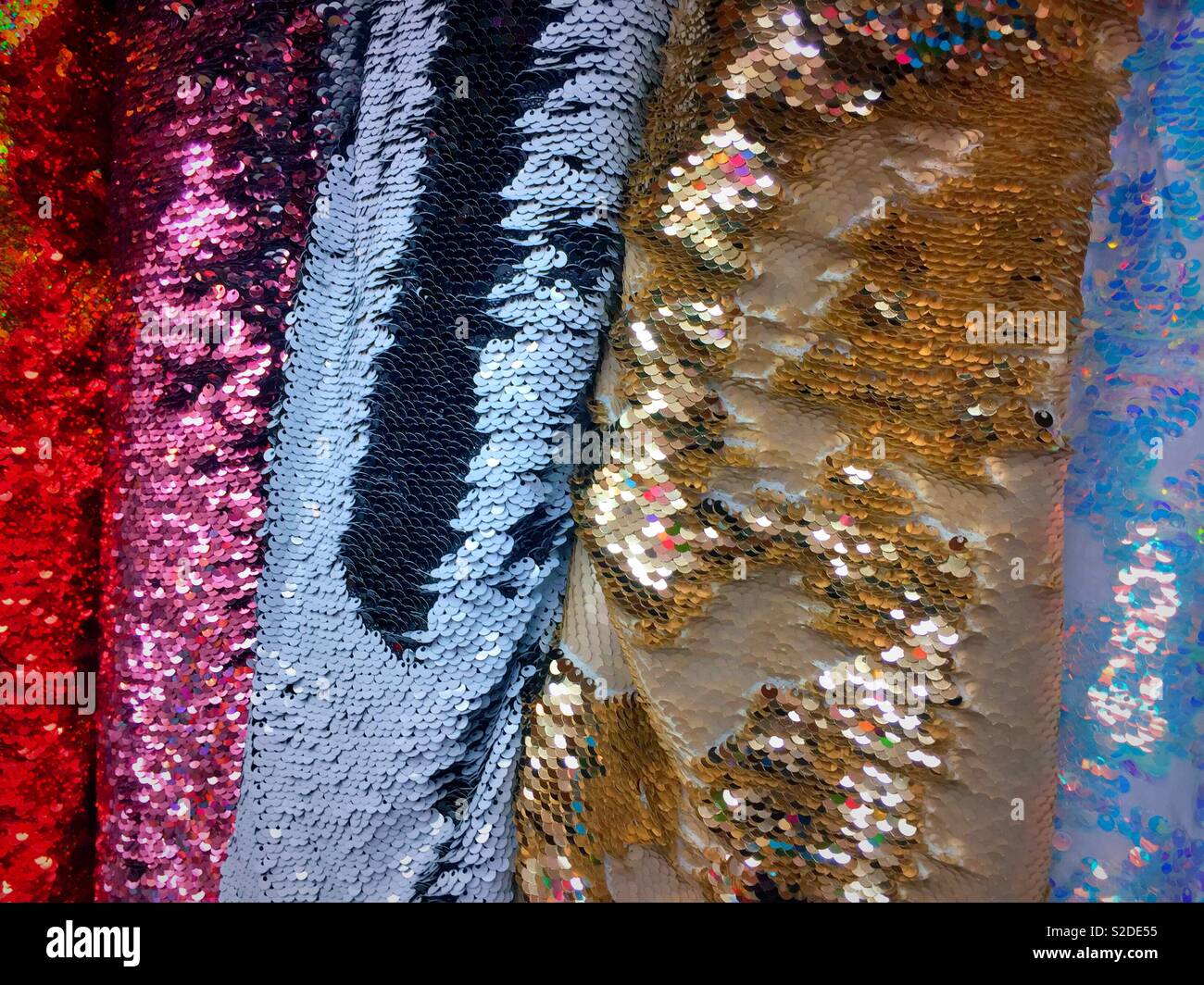 Textured sequined fabrics for sale in the garment District, New York