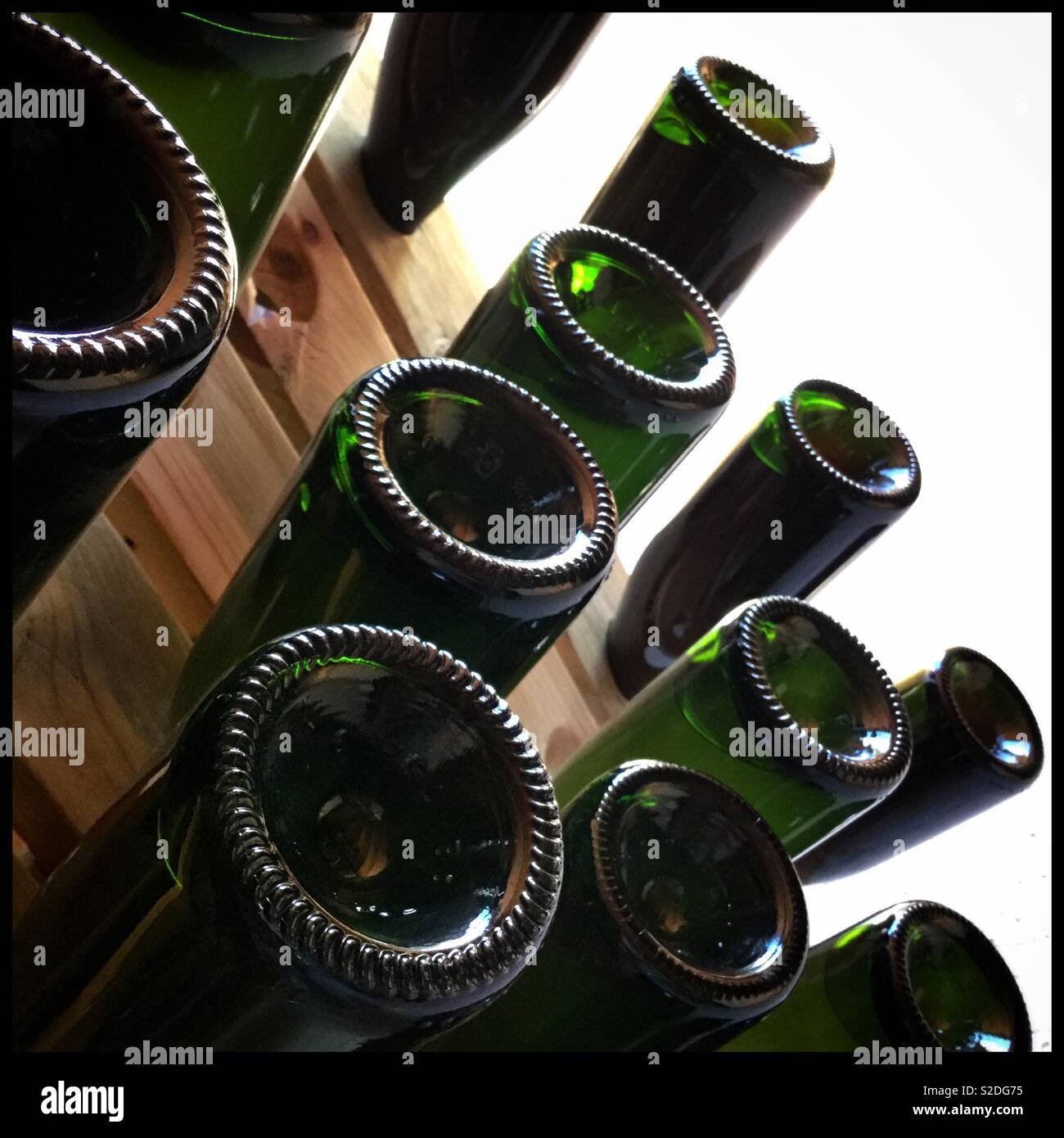 Removing yeast deposits from traditional method sparkling wine by using a riddling pupitre, Catalonia, Spain. - Smartphone Captured Stock Image