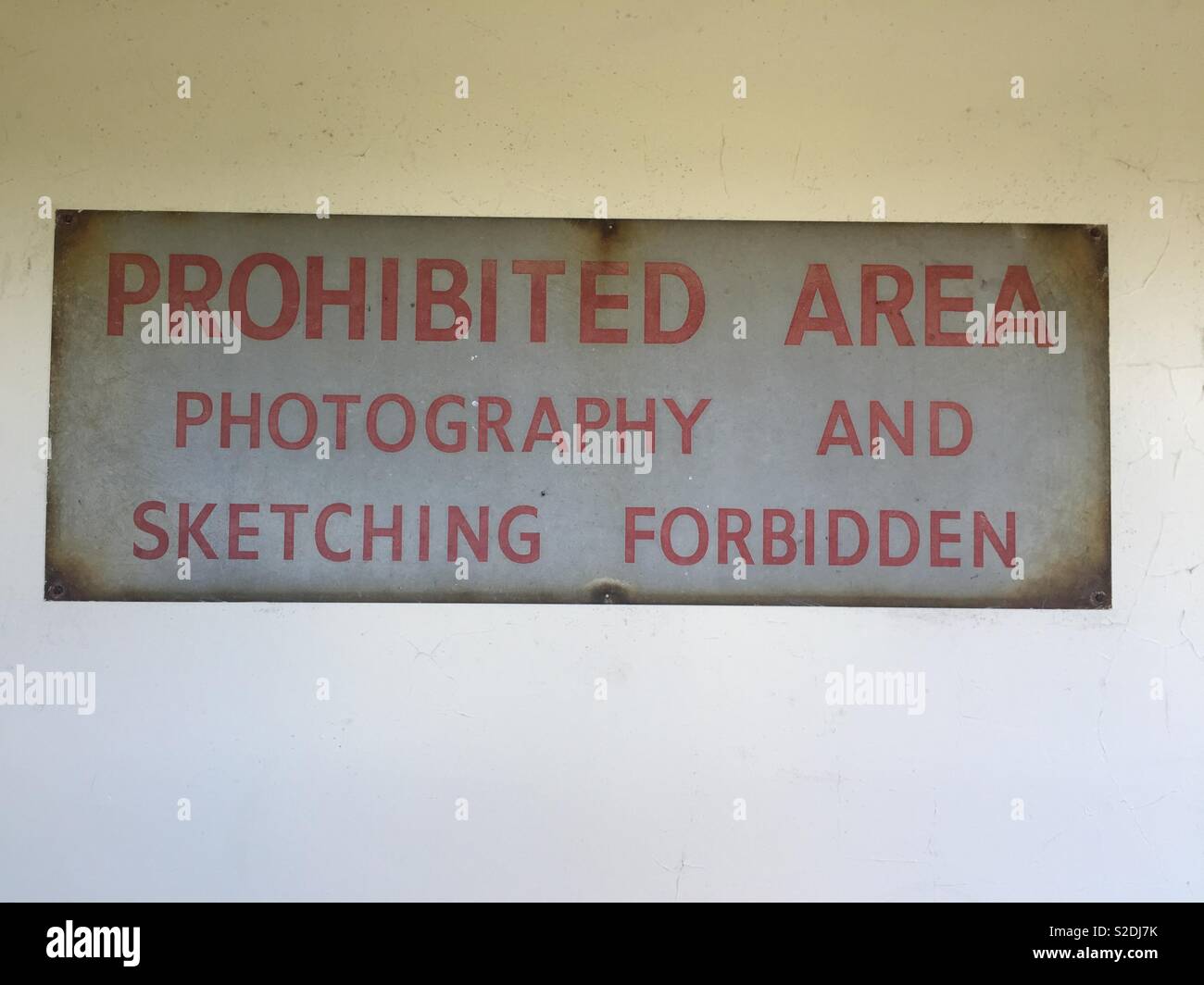 Prohibited Area Photography and sketching forbidden sign - MOD Ministry of Defence, Orford Ness, Suffolk, England Stock Photo