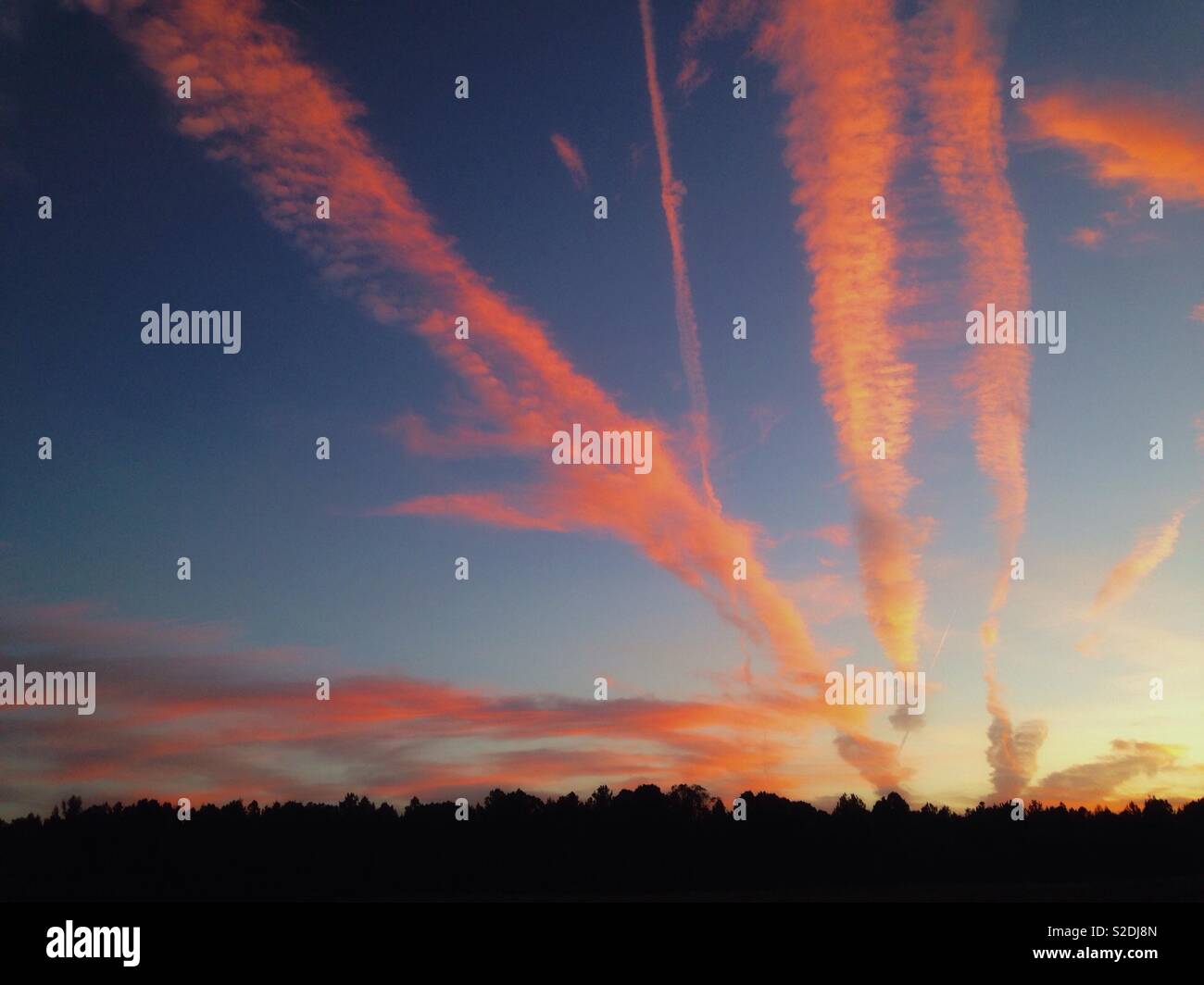 Fanned cloud formations and vapor trails glow softly in setting sun over farm field - Smartphone Captured Stock Image