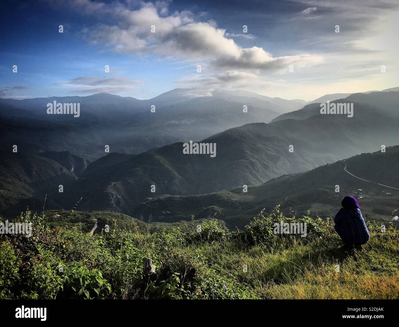 A woman watches the Sierra Norte mountains in the Cerro del Jaguar, Lachatao, Oaxaca, Mexico - Smartphone Captured Stock Image