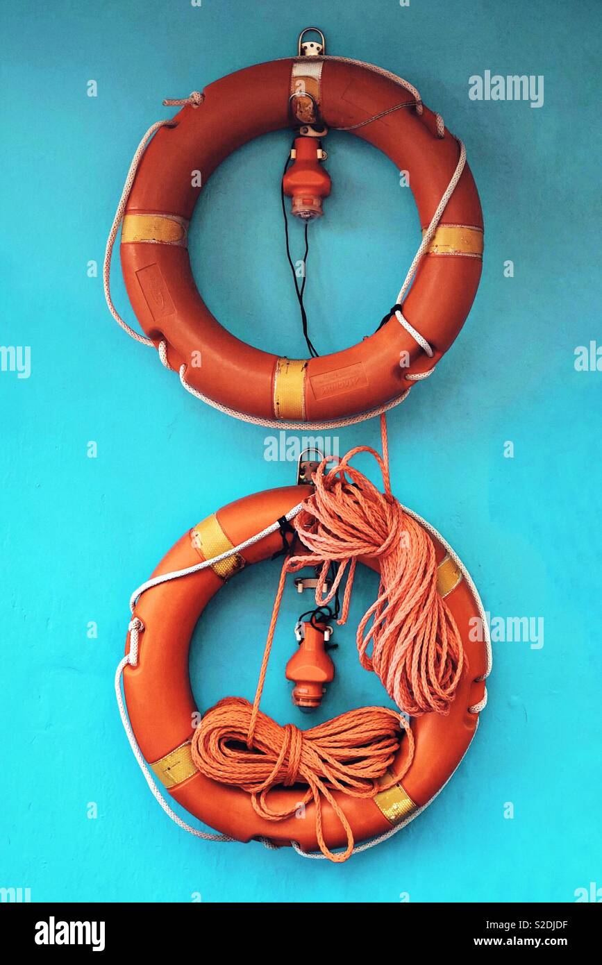 Lifebuoys and lifebuoy lights attached to the boat cabin - Smartphone Captured Stock Image