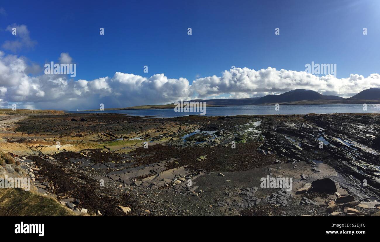 Orkney, Scottish island coast view across to Hoy mountains Stock Photo