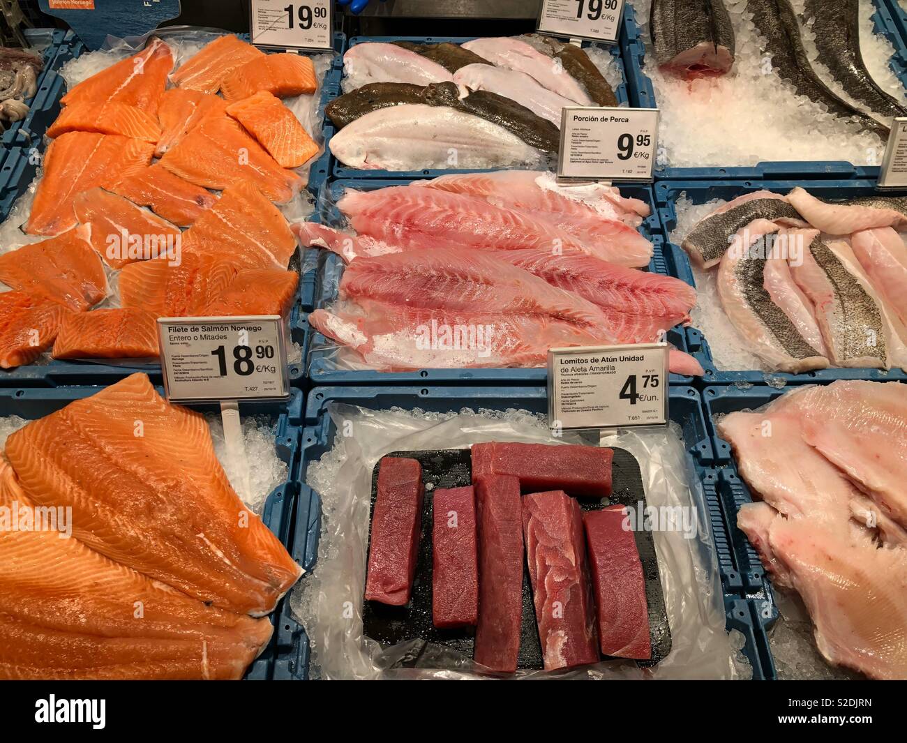Fresh fish stall in a supermarket, Spain Stock Photo