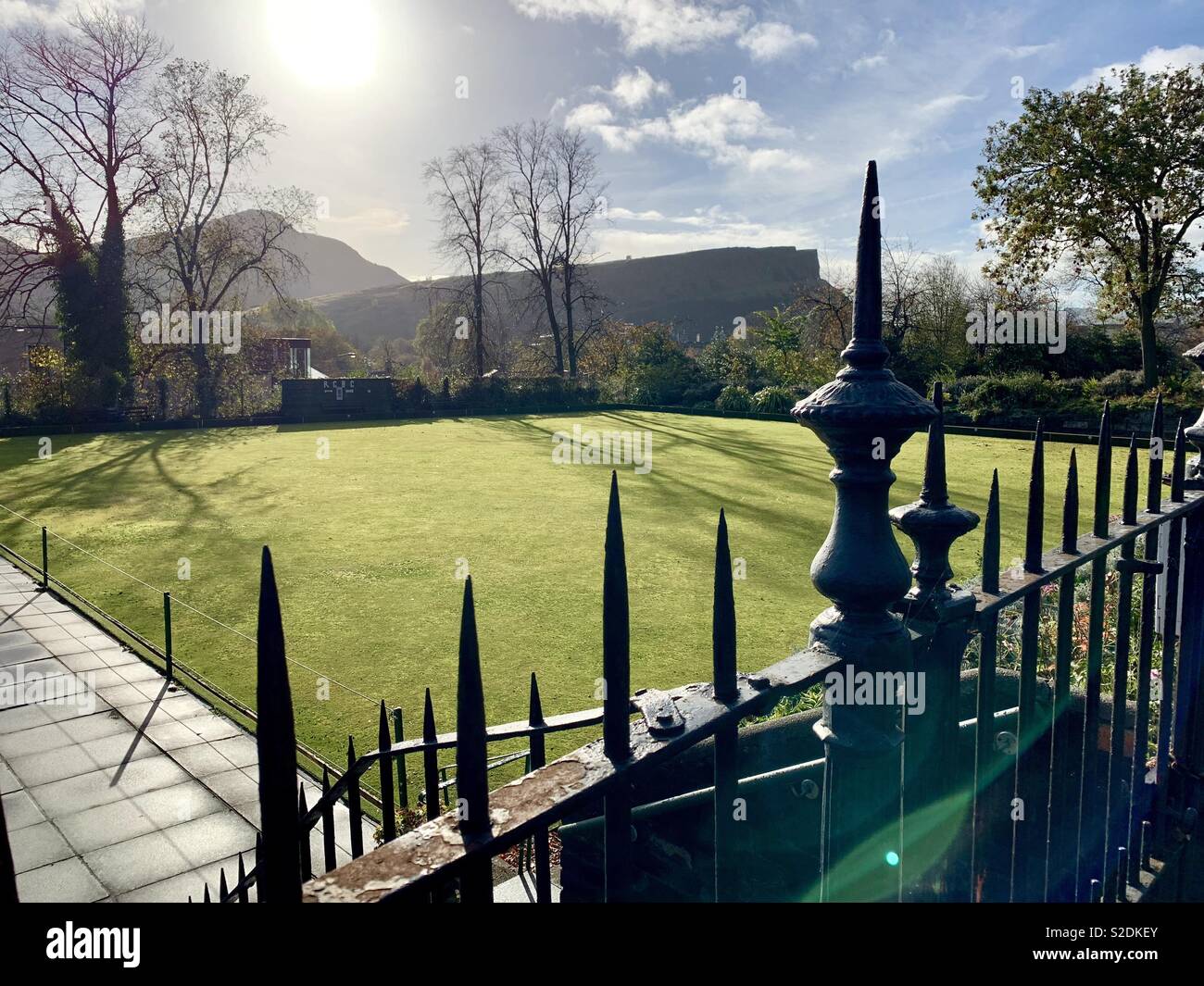 View across Regent Community Bowling green in Edinburgh Stock Photo