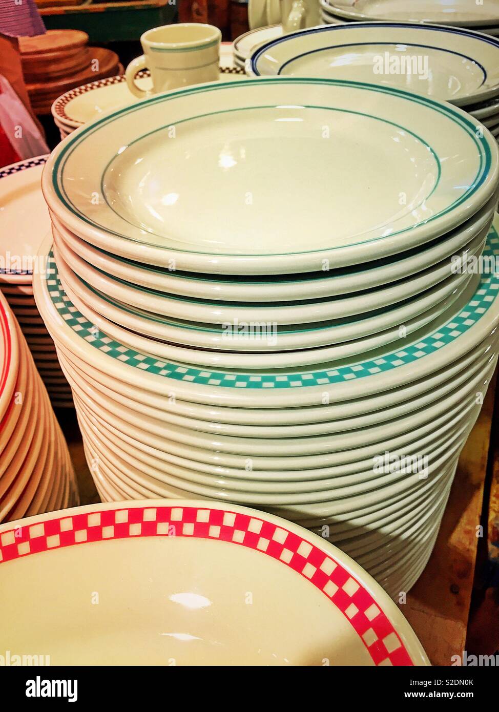 Display of vintage diner plates in retail store, NYC, USA - Smartphone Captured Stock Image