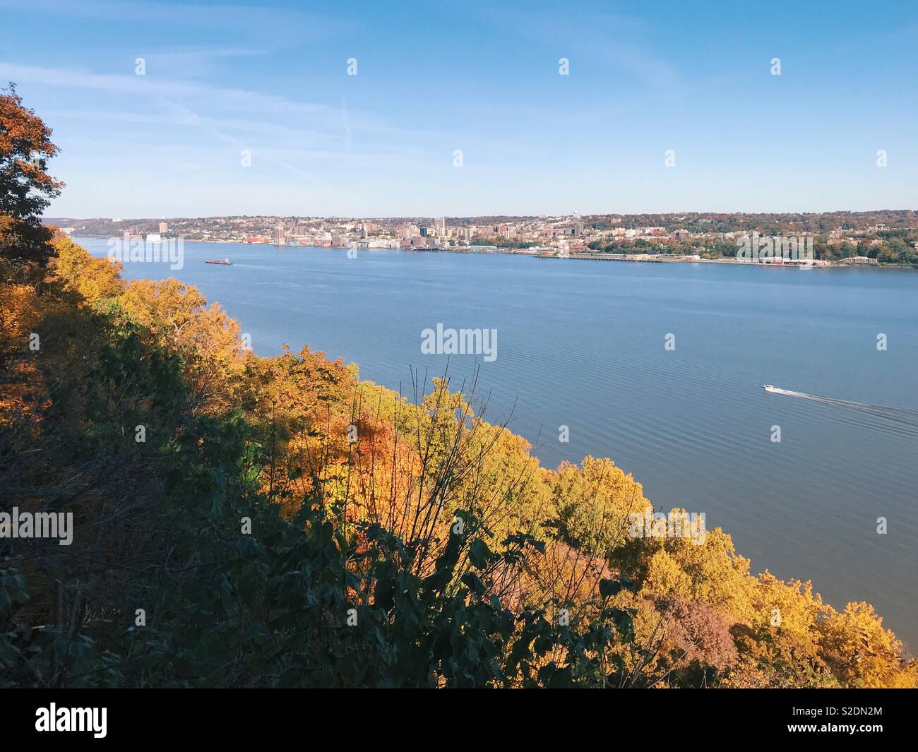View of Yonkers, NY, and the Hudson River seen from the New Jersey Palisades in fall. Stock Photo
