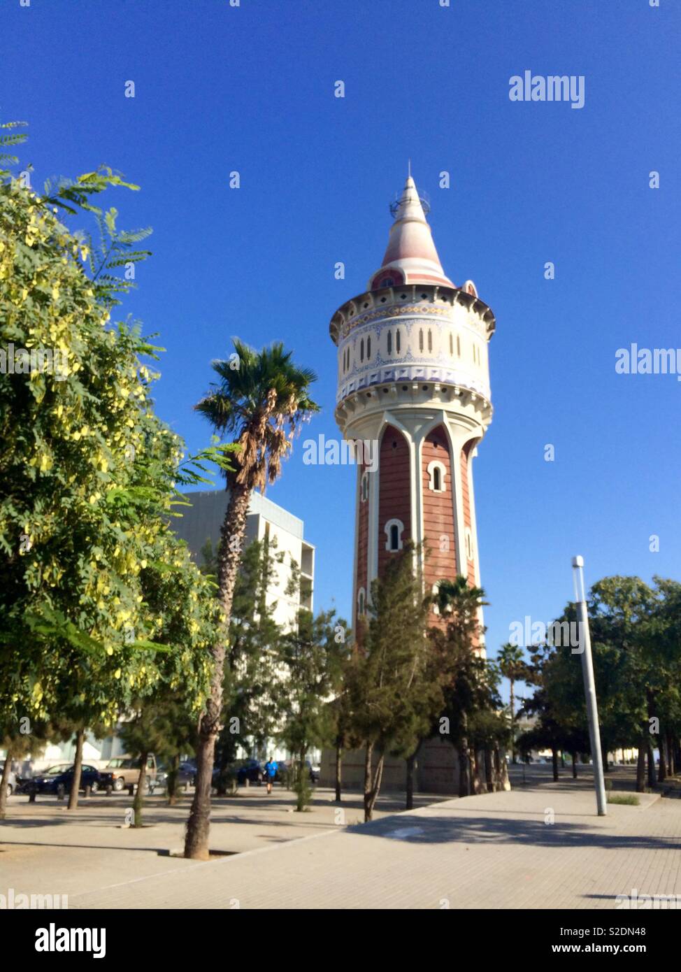 Old water tower in Barceloneta Park in Barcelona Spain on a sunny Autumn day Stock Photo