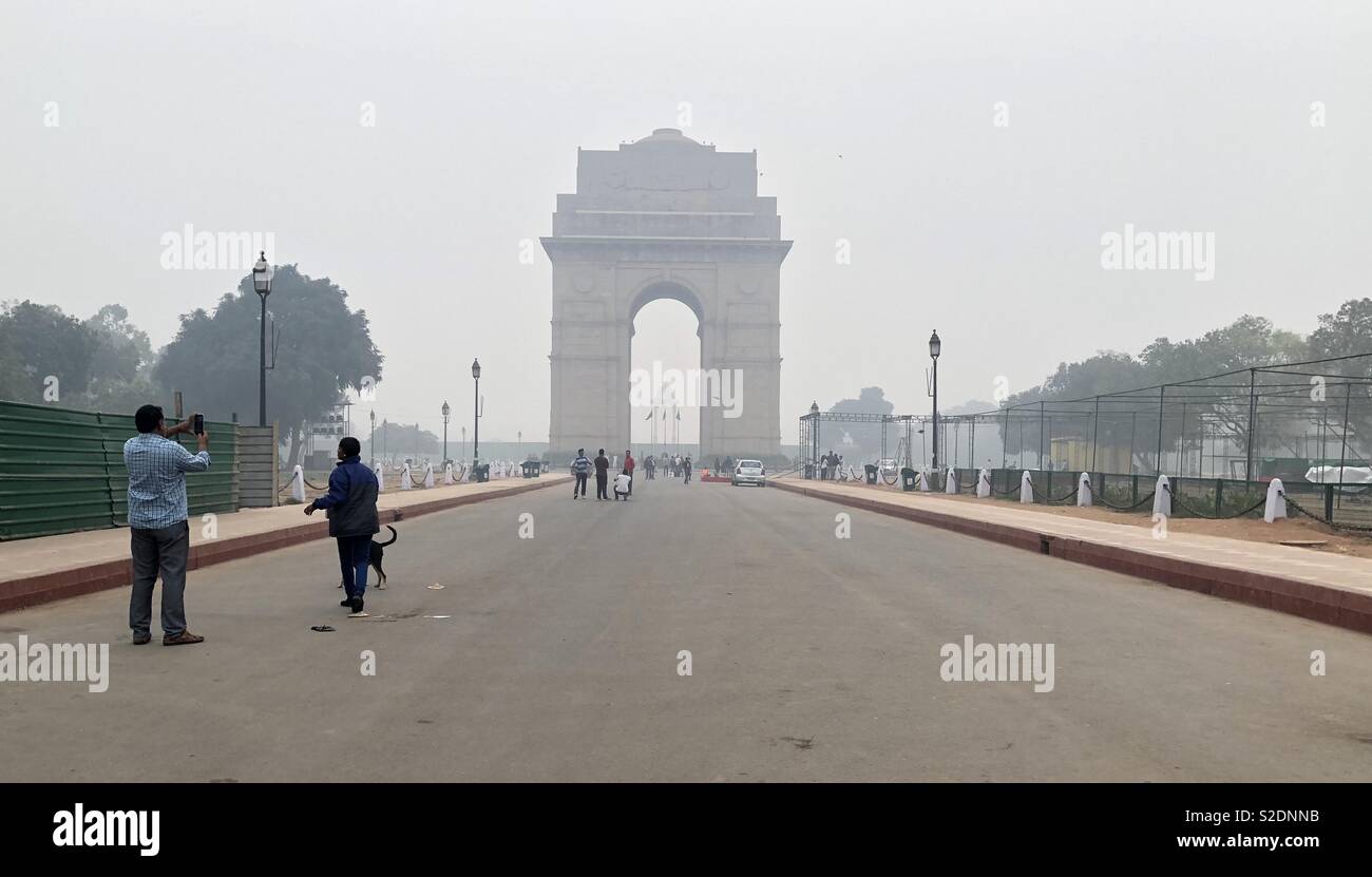 The situation of the environment is very bad in India's capital Delhi; here smog, fog, and air pollution are spread over large amounts,INDIA GATE VIEW Stock Photo