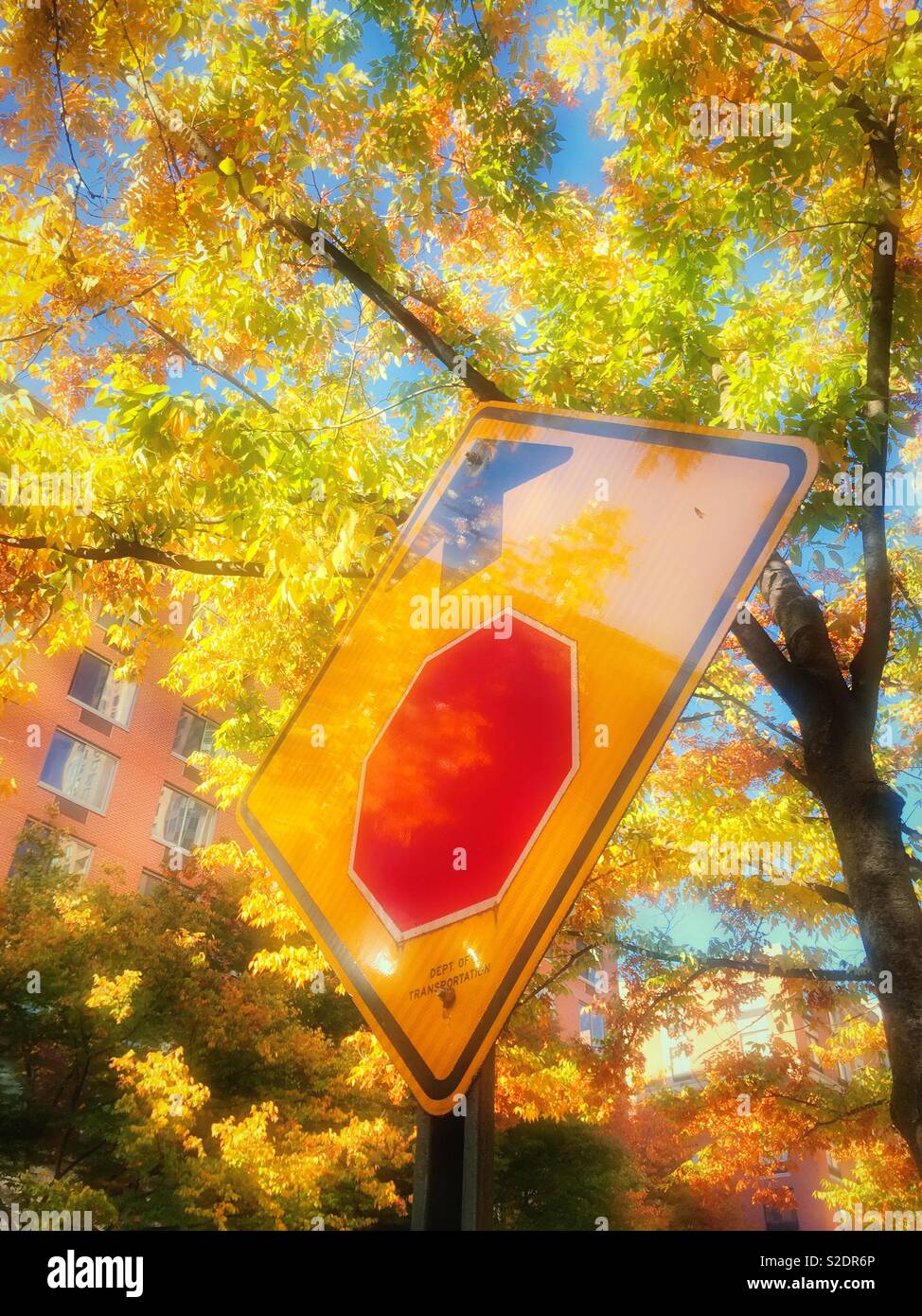 Traffic sign signaling a stop ahead on a full afternoon, NYC, USA - Smartphone Captured Stock Image