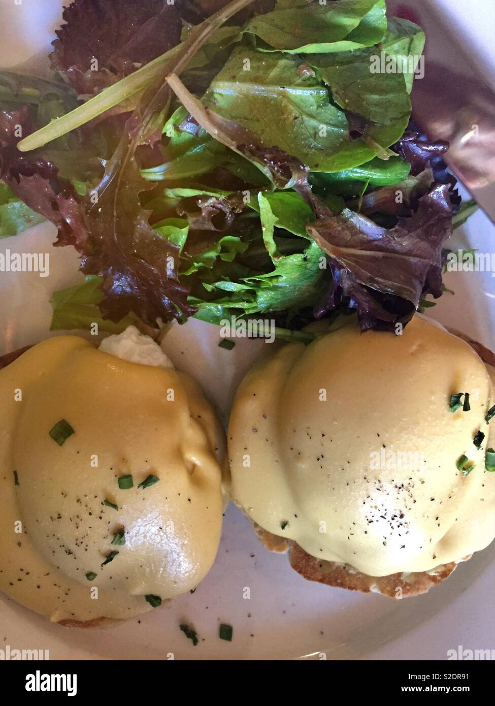 Eggs Benedict and side salad served for brunch at a French bistro in Soho, NYC, USA - Smartphone Captured Stock Image