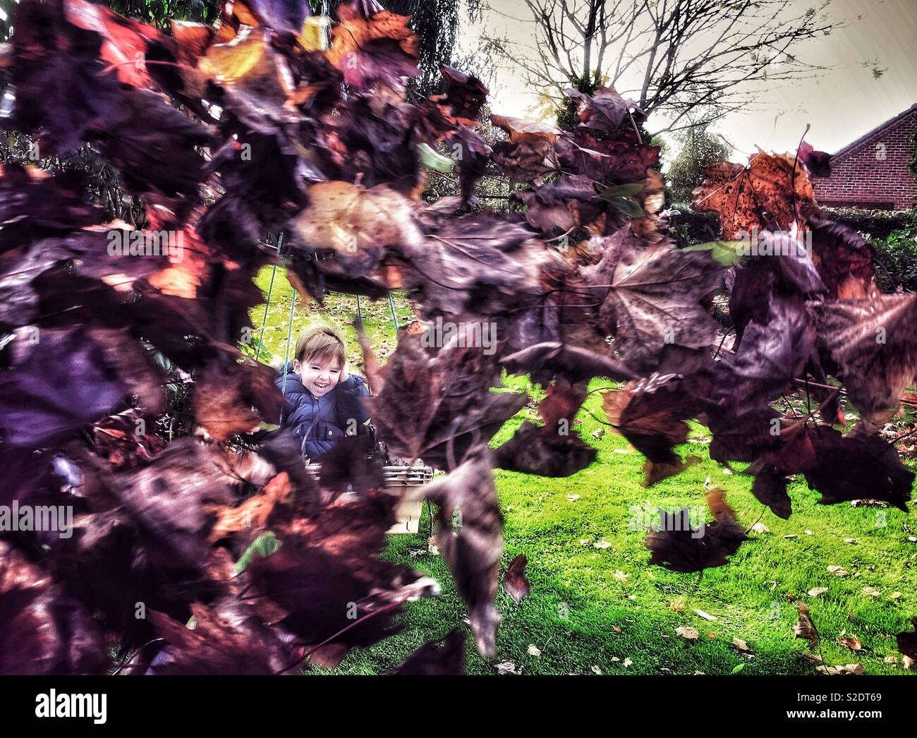 Boy having fun outside in the autumn/fall - Smartphone Captured Stock Image