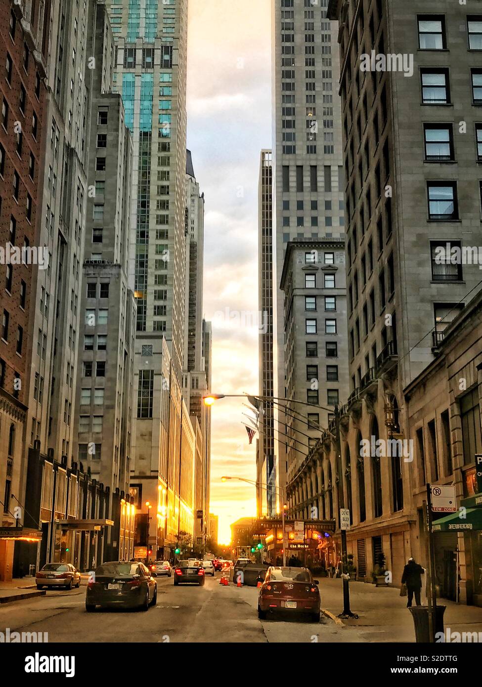 A Chicago street at sunset. Stock Photo