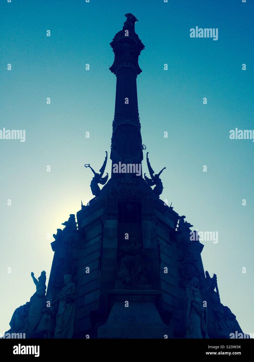 Columbus monument in Barcelona Spain in silhouette - Smartphone Captured Stock Image