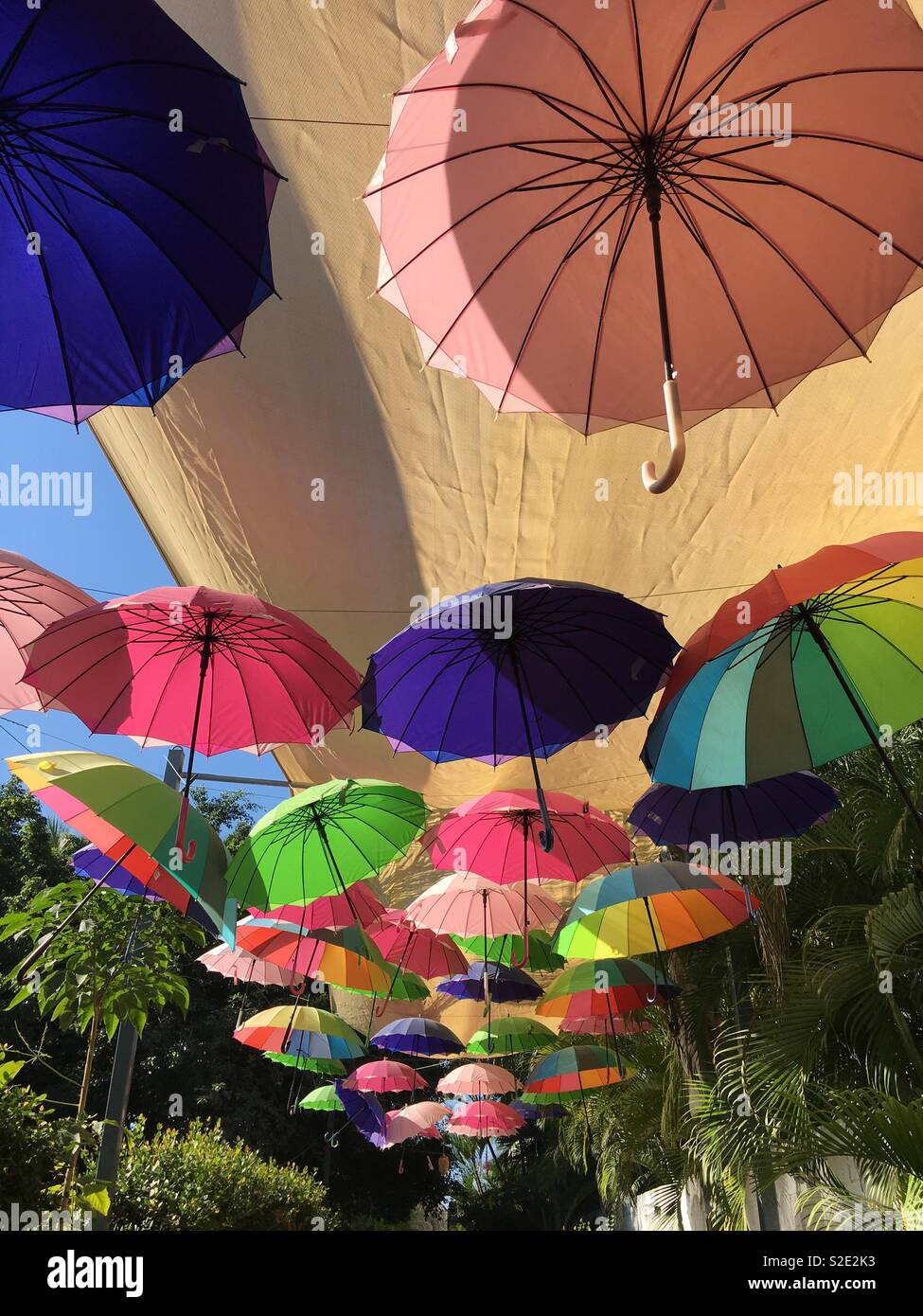Umbrellas hanging in outdoor alley, Bucerías, Mexico Stock Photo Alamy