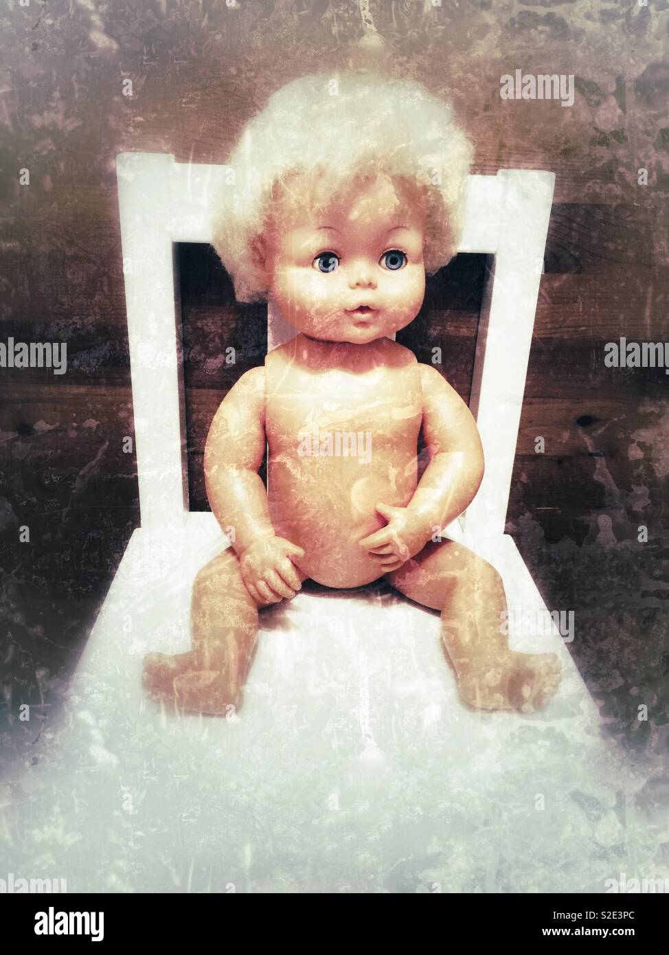 Grunge Effect of 1970s/80s Tiny Tears Doll. Stock Photo