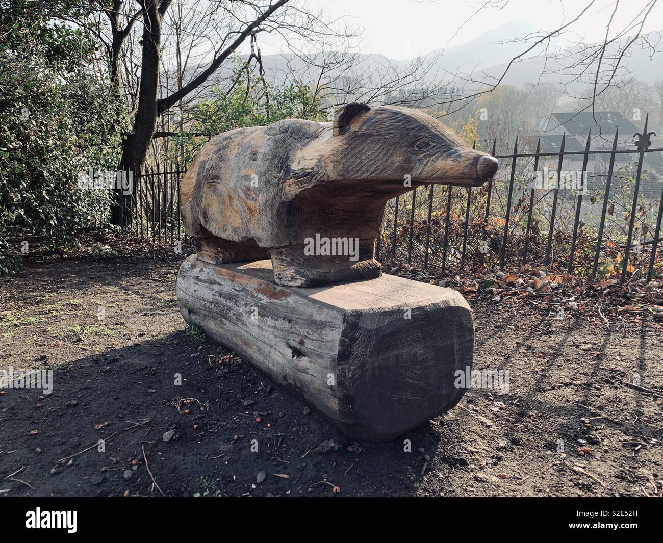 Carved woodland creature in a park Stock Photo