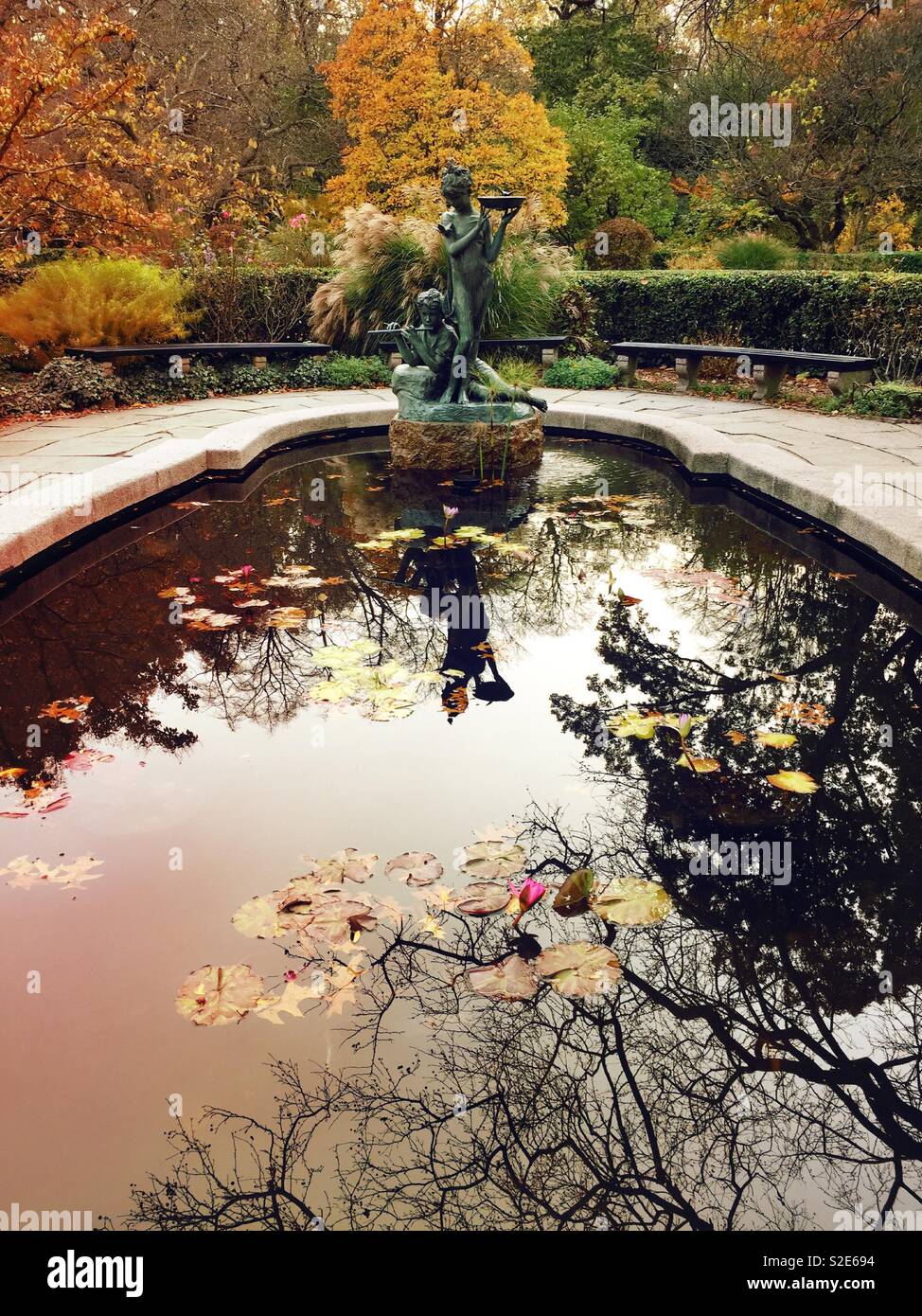 Burnett fountain in the conservatory garden, Central Park, New York City, USA - Smartphone Captured Stock Image