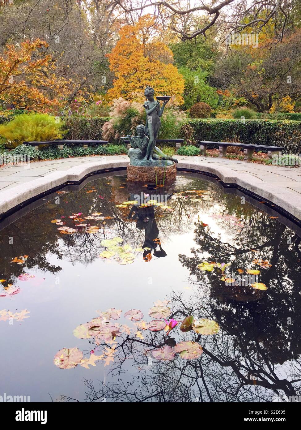 Burnett fountain in the conservatory garden, Central Park, New York City, USA - Smartphone Captured Stock Image