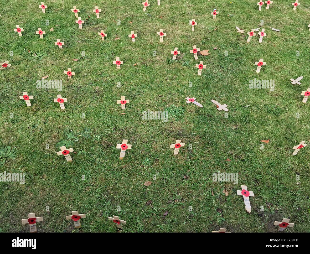 Crosses in the grass near the war memorial in Grove Park, Weston-super-Mare, UK - Smartphone Captured Stock Image