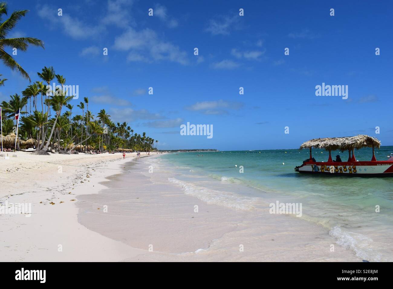 Bavaro beach in Punta Cana. Sand, sea, palm trees and a traditional ...