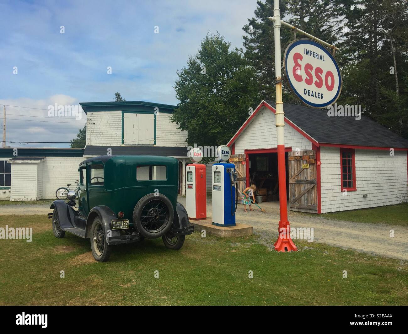 Old car at vintage petrol station at Memory Lane in Nova Scotia Canada