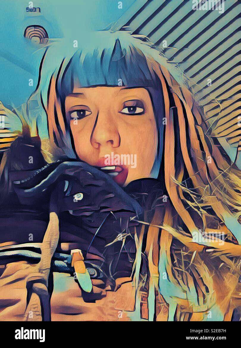 Comic real life girl with blonde hair and jacket Stock Photo Alamy