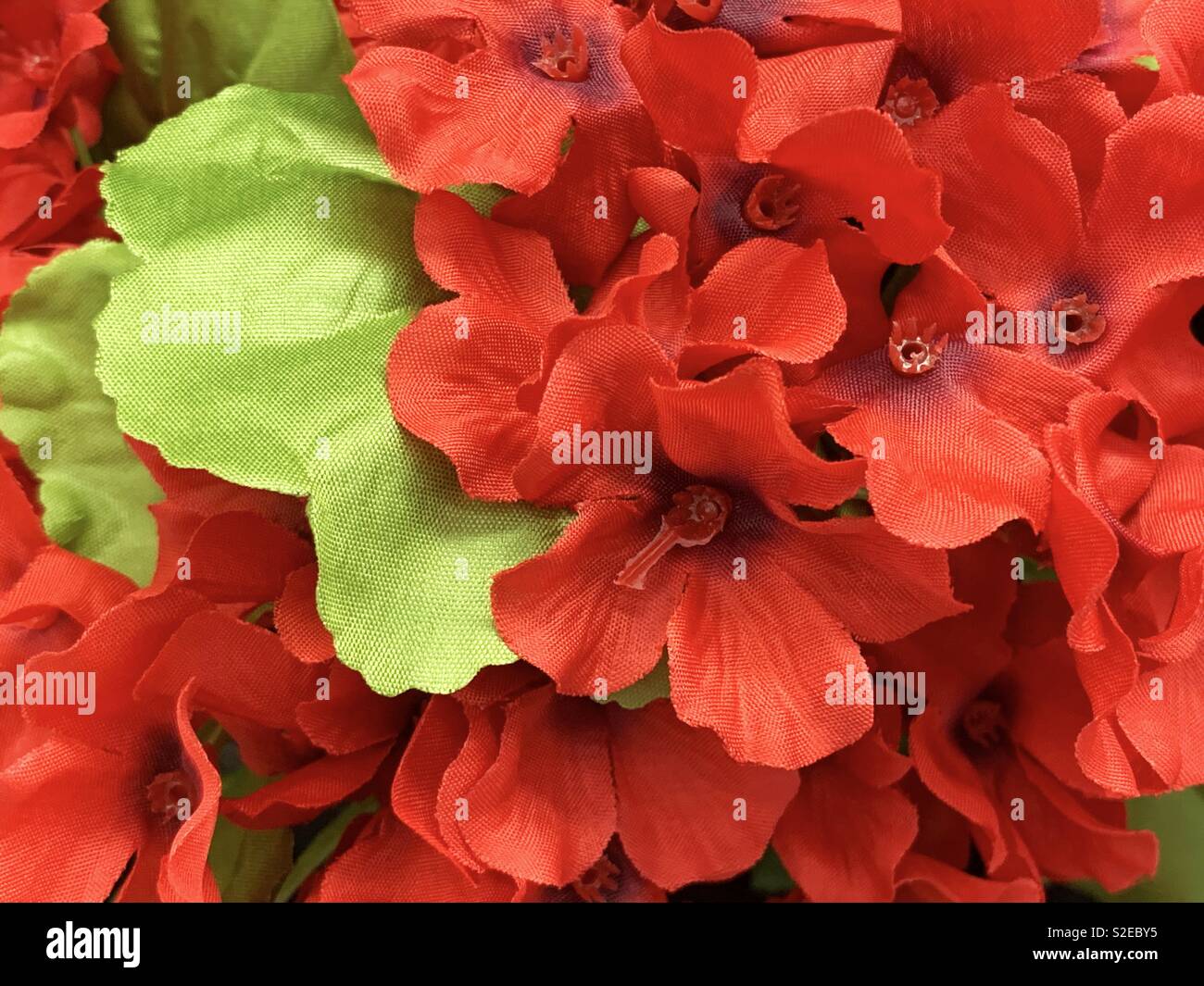 A bunch of fake red flowers in full bloom with green leafy accent Stock